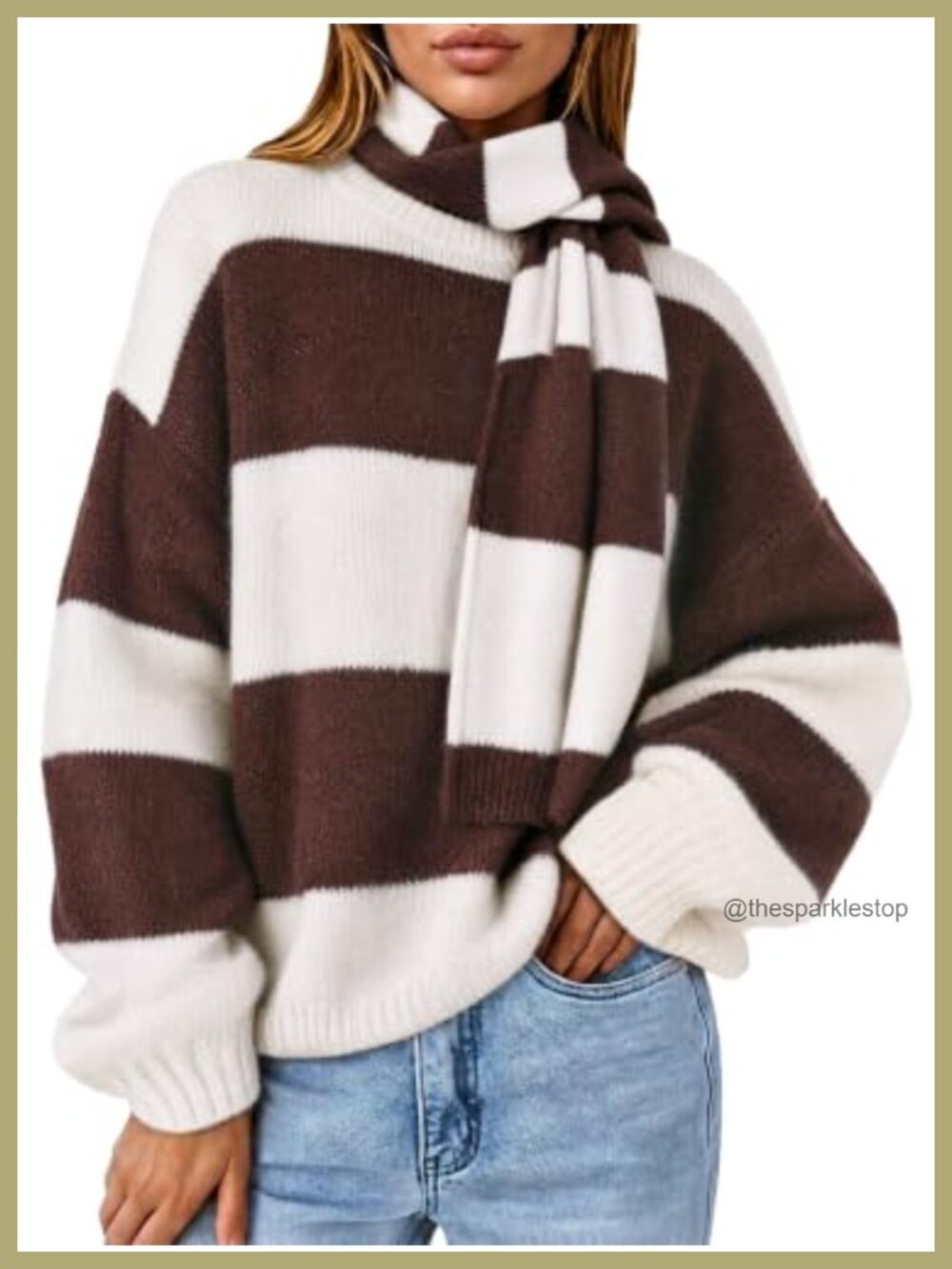 Womens Striped Long Sleeve Knit Sweater Pullover with Scarf Oversized